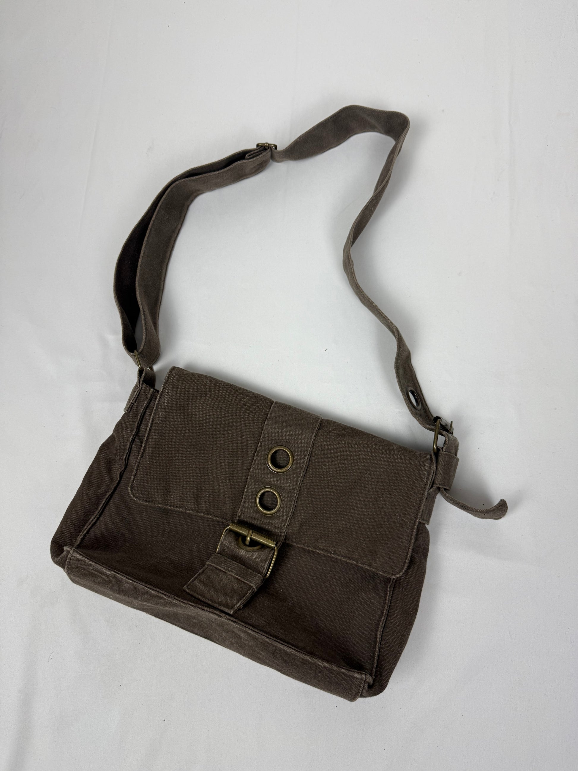 Brown cotton buckle besace shoulder bag (32x20cm)