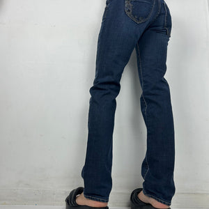 Navy blue  low rise straight legs denim pants (S)