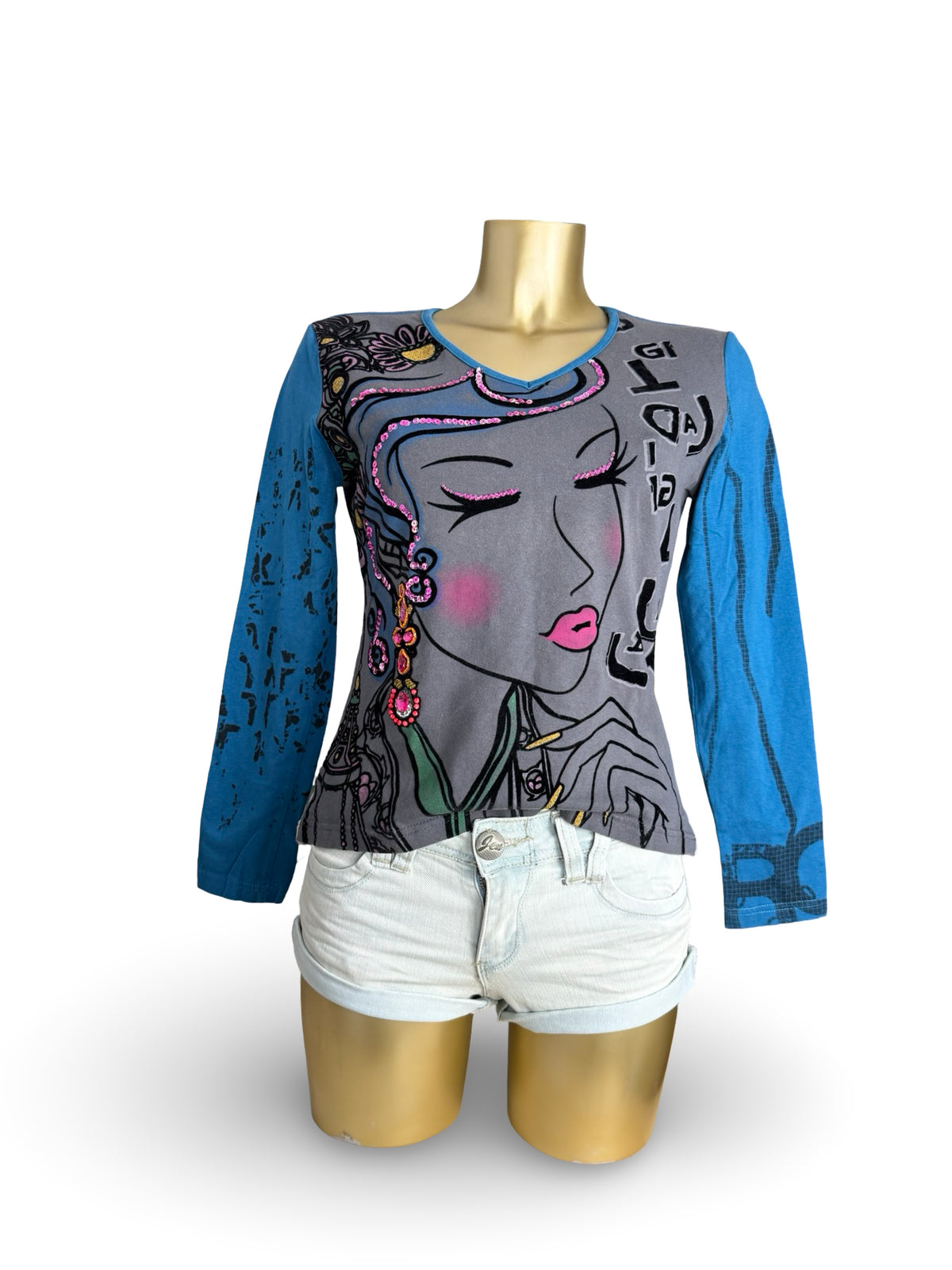 Blue graphic long sleeves top (L)