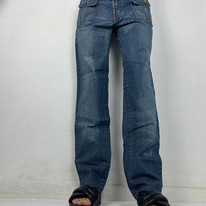 Blue denim low rise baggy pants (M)