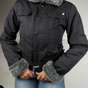 Black faux fur neck zip up tight fit biker jacket (S)