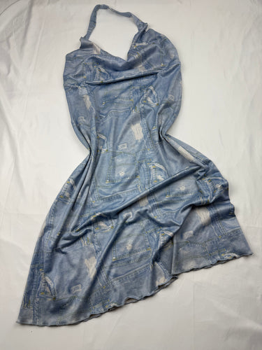 Blue denim graphic backless mini dress (M/L)