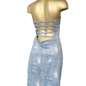 Blue denim graphic backless mini dress (M/L)