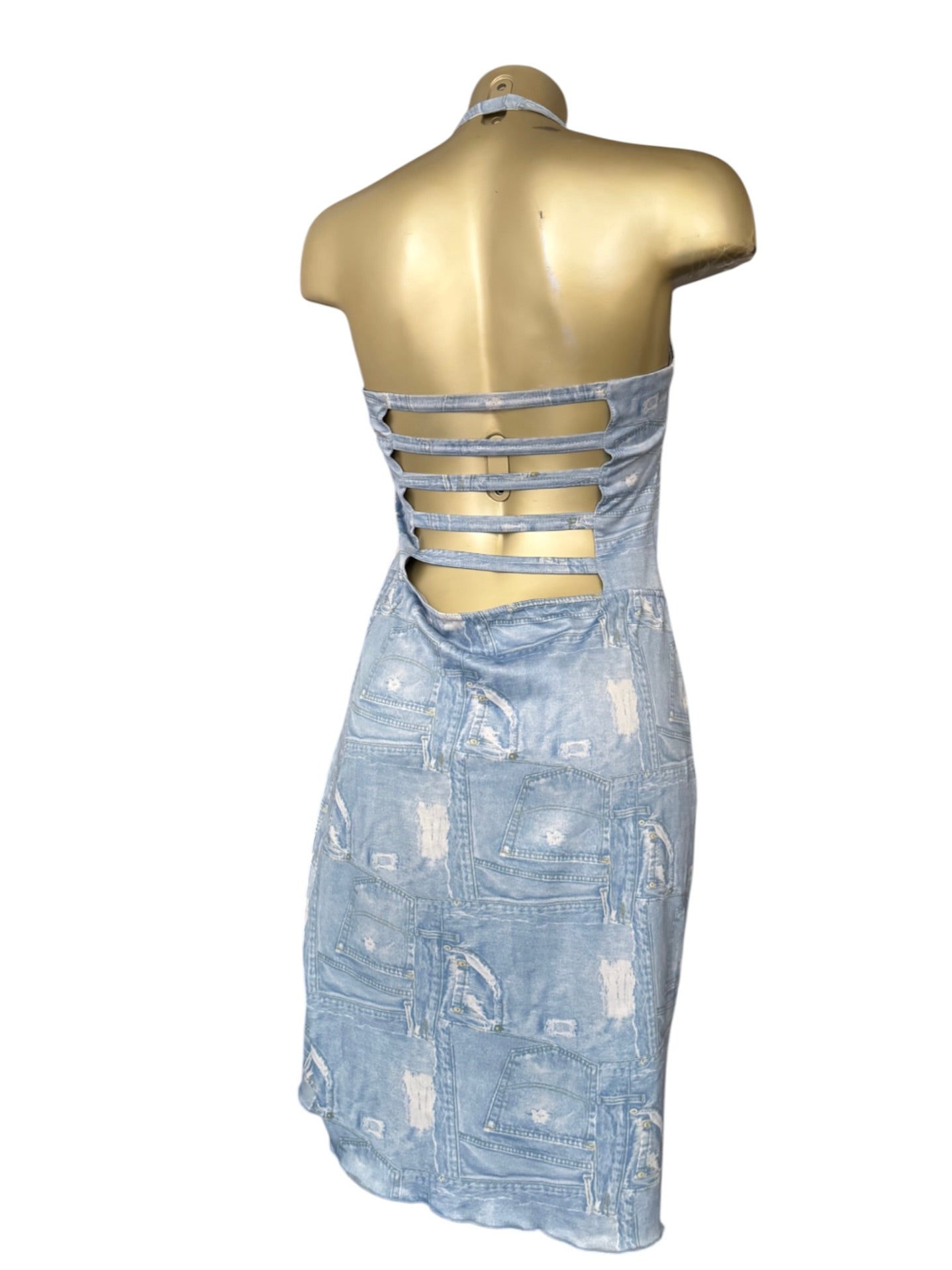 Blue denim graphic backless mini dress (M/L)