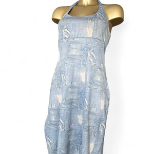 Blue denim graphic backless mini dress (M/L)