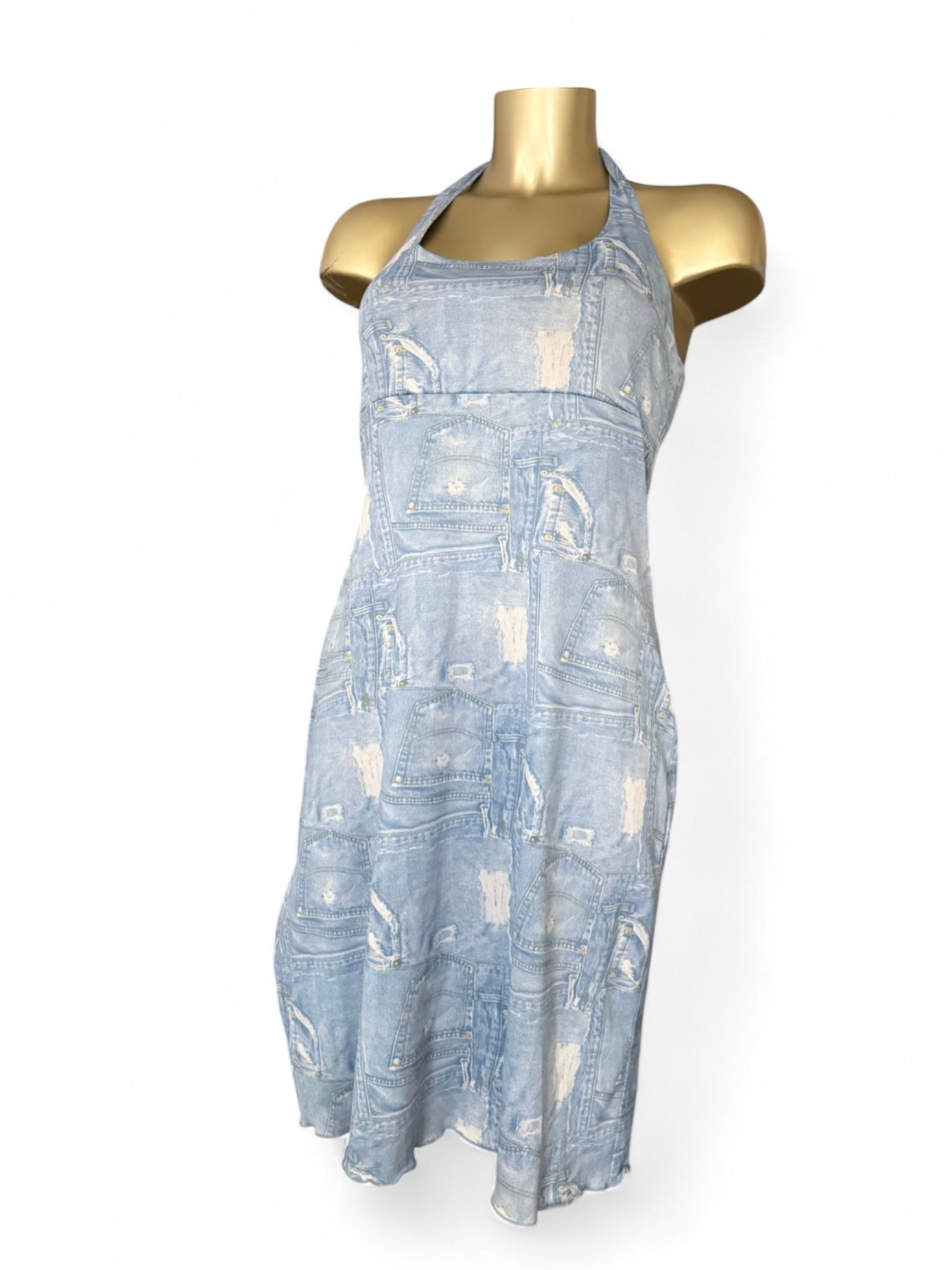 Blue denim graphic backless mini dress (M/L)