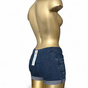 Blue denim low rise lace up mini short (XXS)