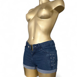 Blue denim low rise lace up mini short (XXS)