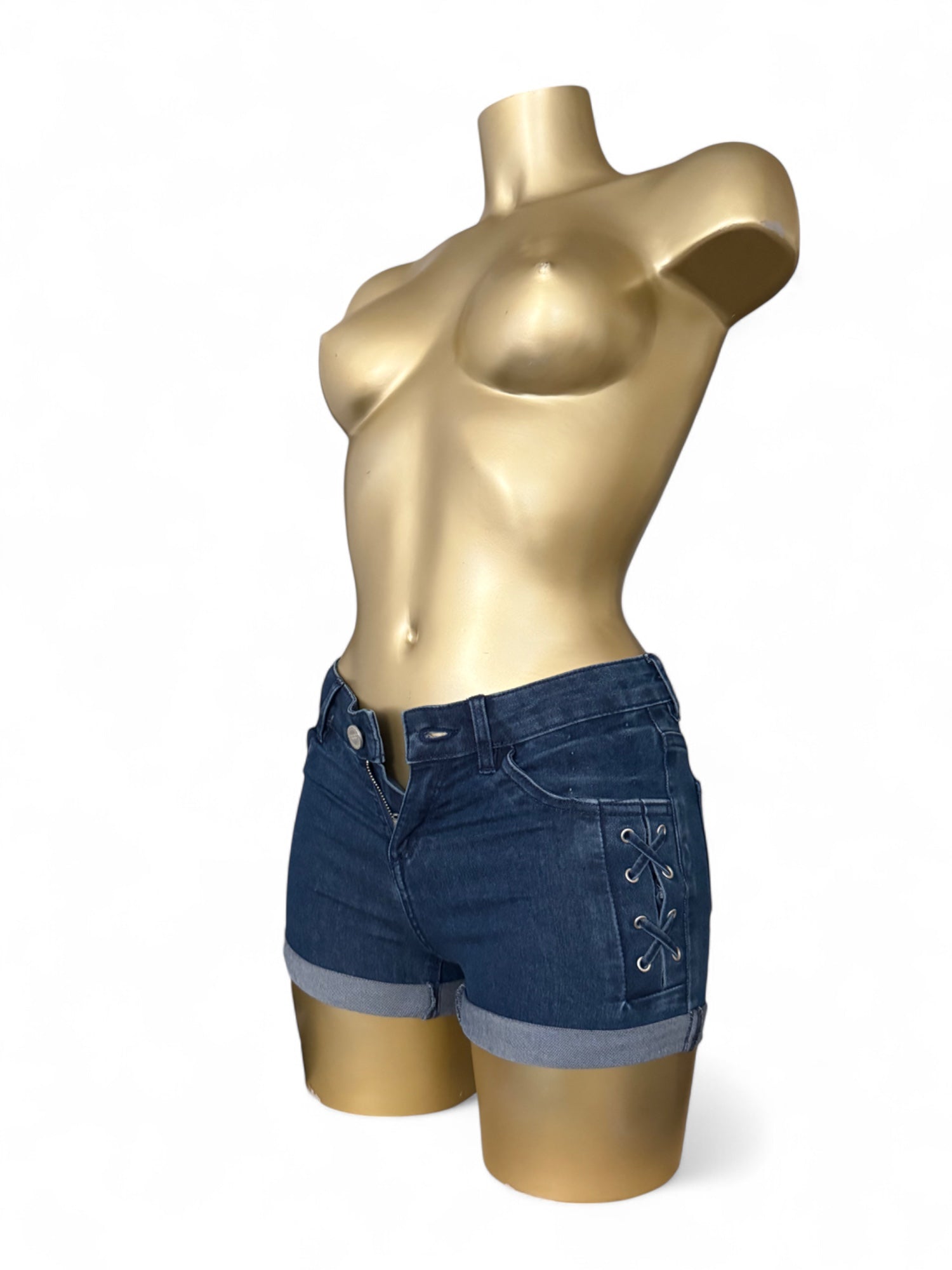 Blue denim low rise lace up mini short (XXS)