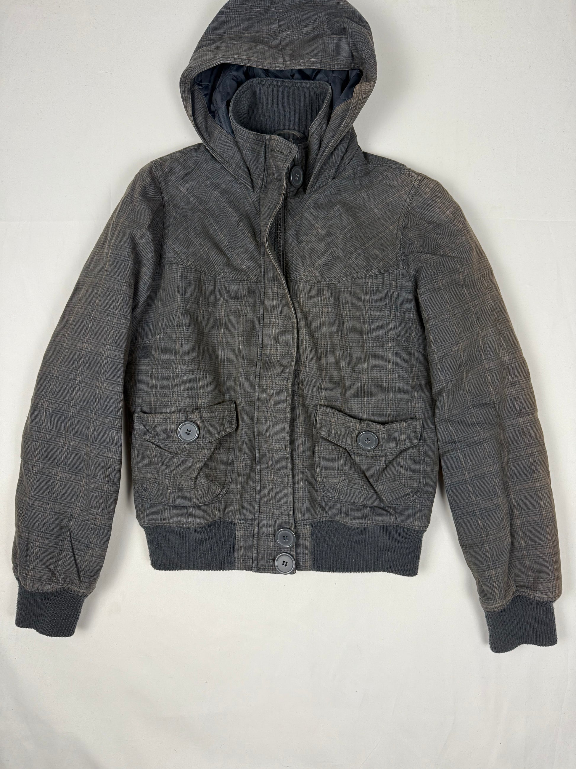 Grey cotton zip up hooded biker jacket (M)