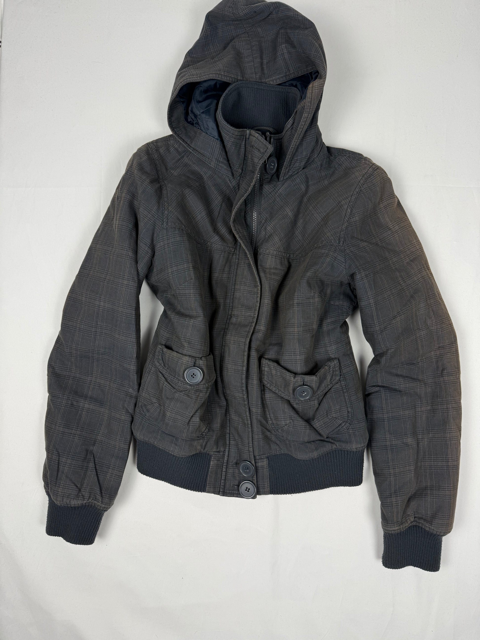Grey cotton zip up hooded biker jacket (M)