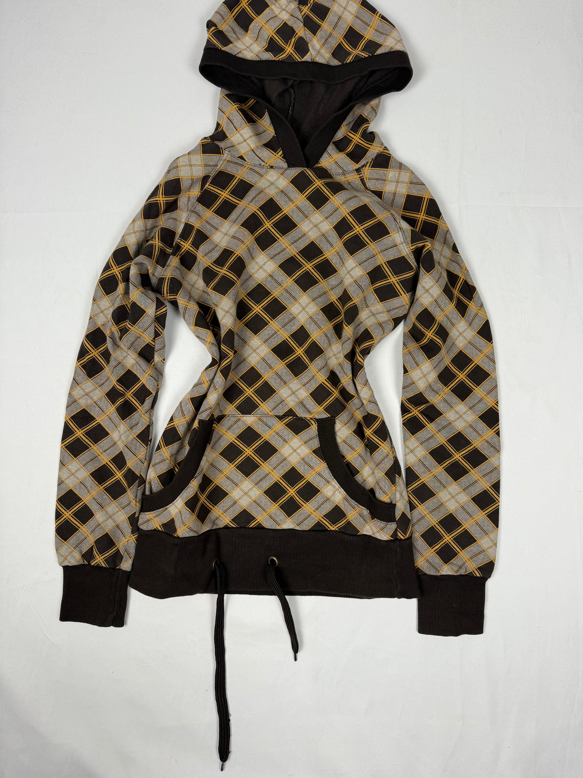 Brown check print cotton hoodie (S)