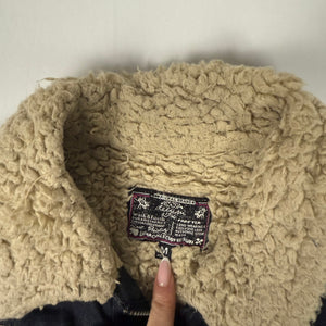 Navy denim & faux fur zip up biker jacket (S/M)