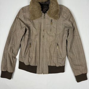 Beige check print faux fur neck biker jacket (L)