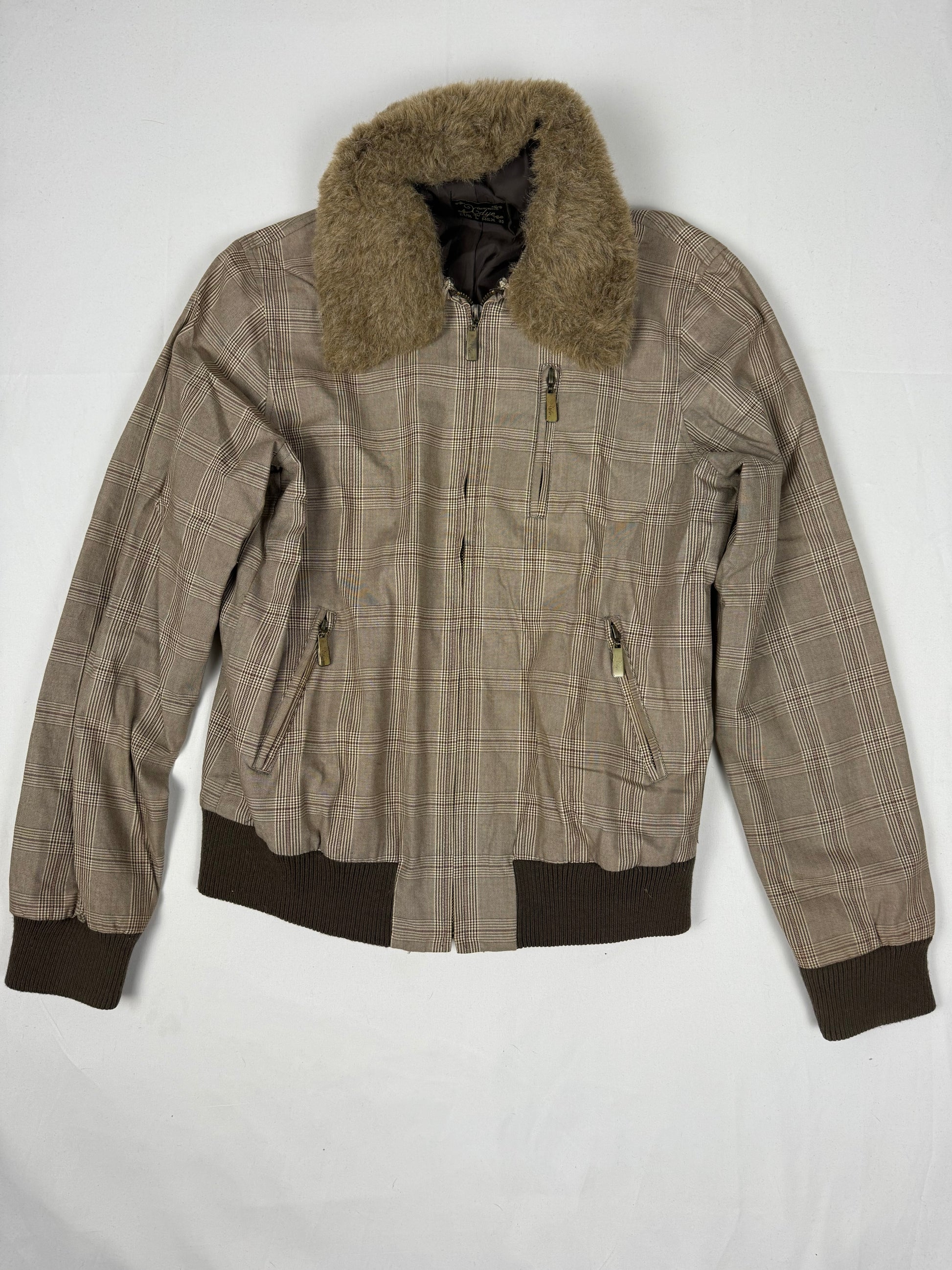 Beige check print faux fur neck biker jacket (L)