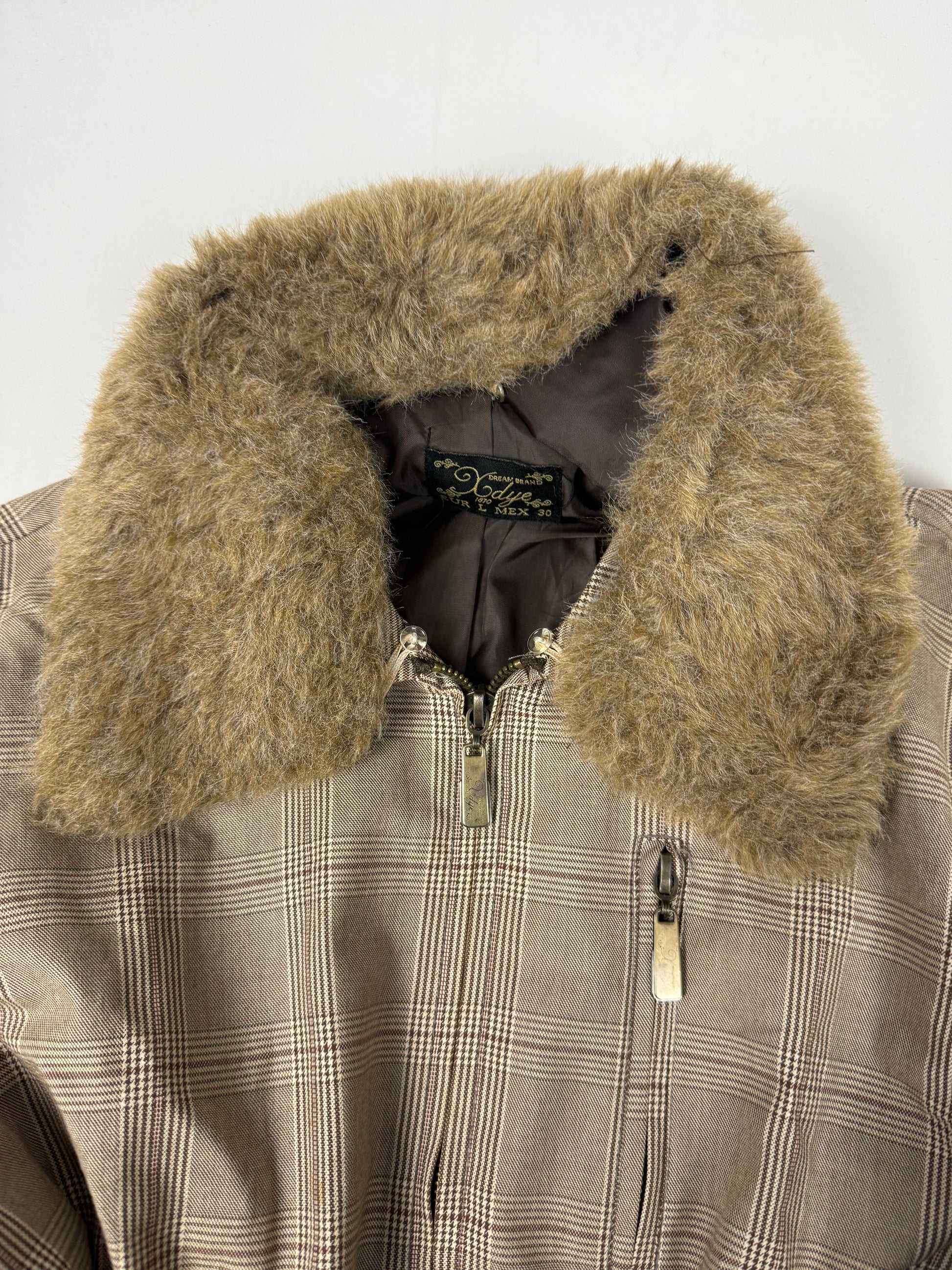 Beige check print faux fur neck biker jacket (L)