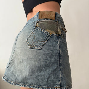Blue denim camo low rise mini skirt (S)
