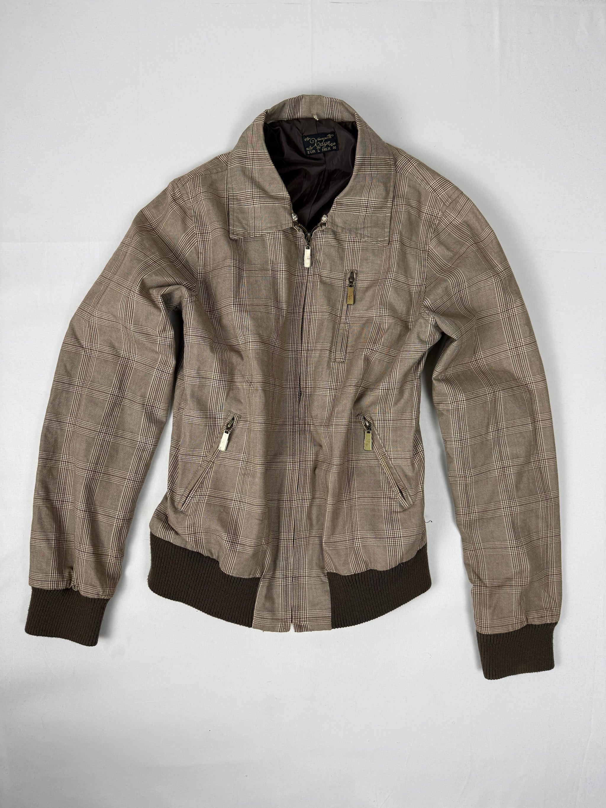 Beige check print cotton biker jacket (L)