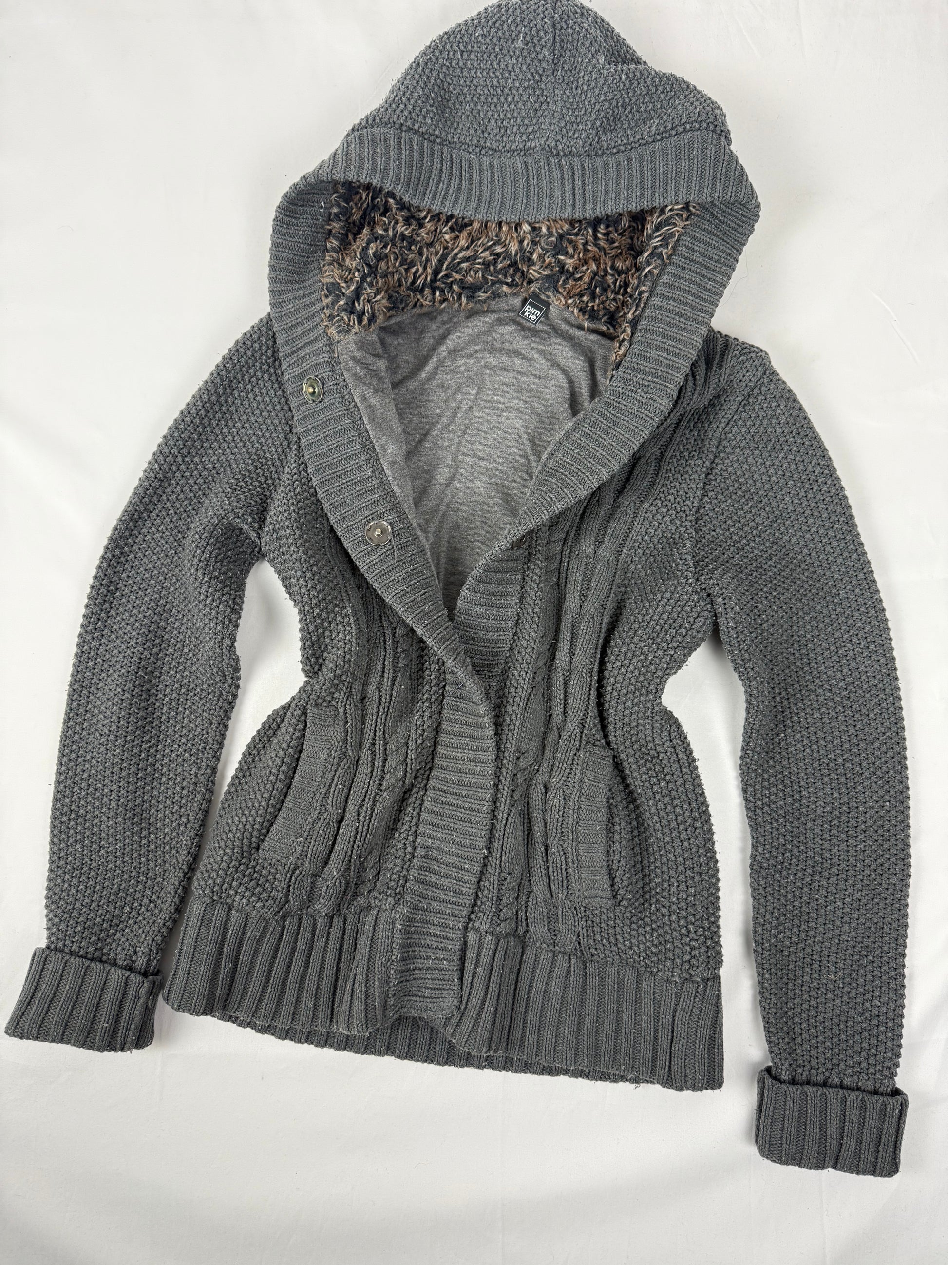 Grey inside faux fur zip up hooded knit jumper (M)
