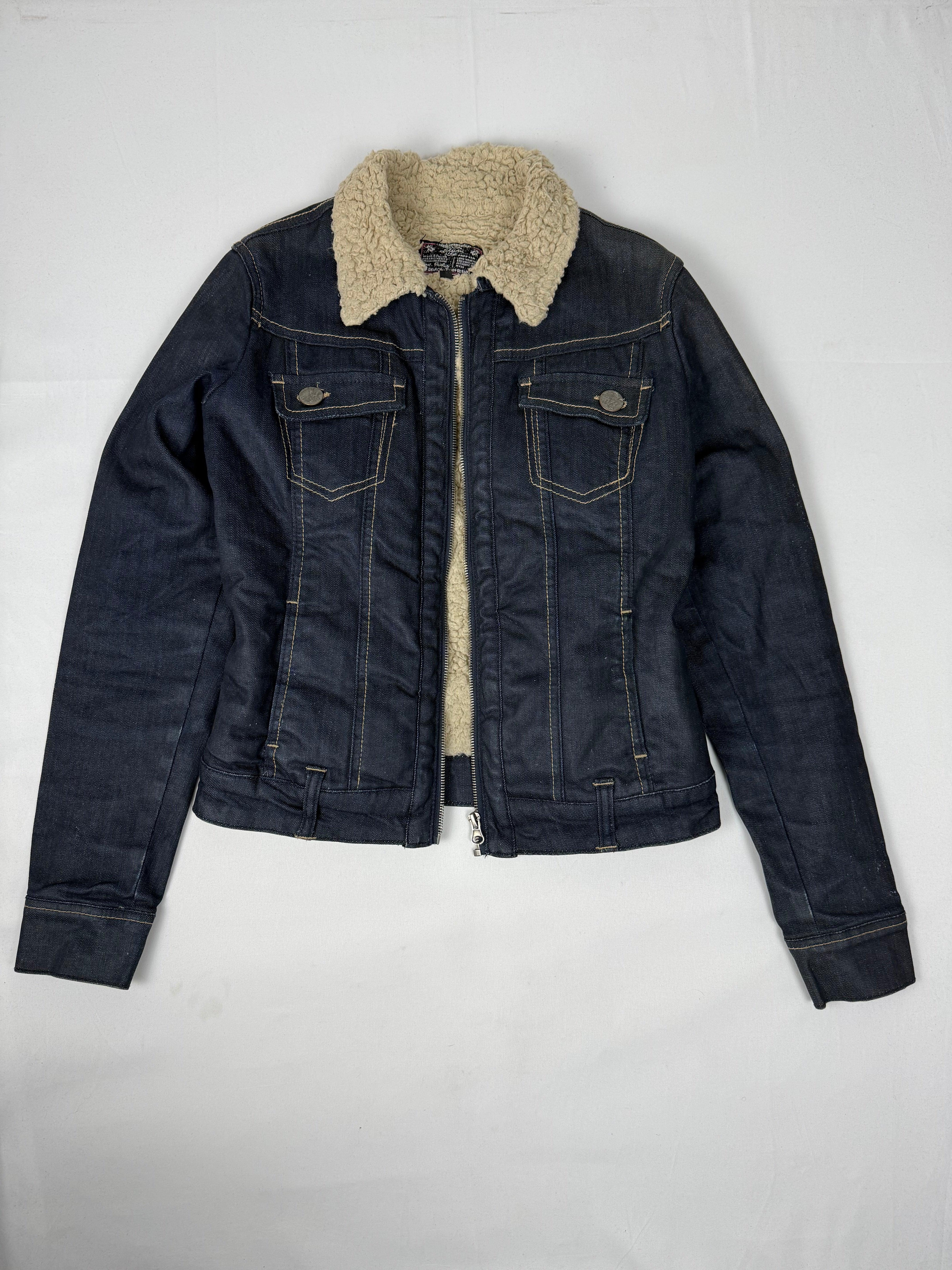 Navy denim & faux fur zip up biker jacket (S/M)