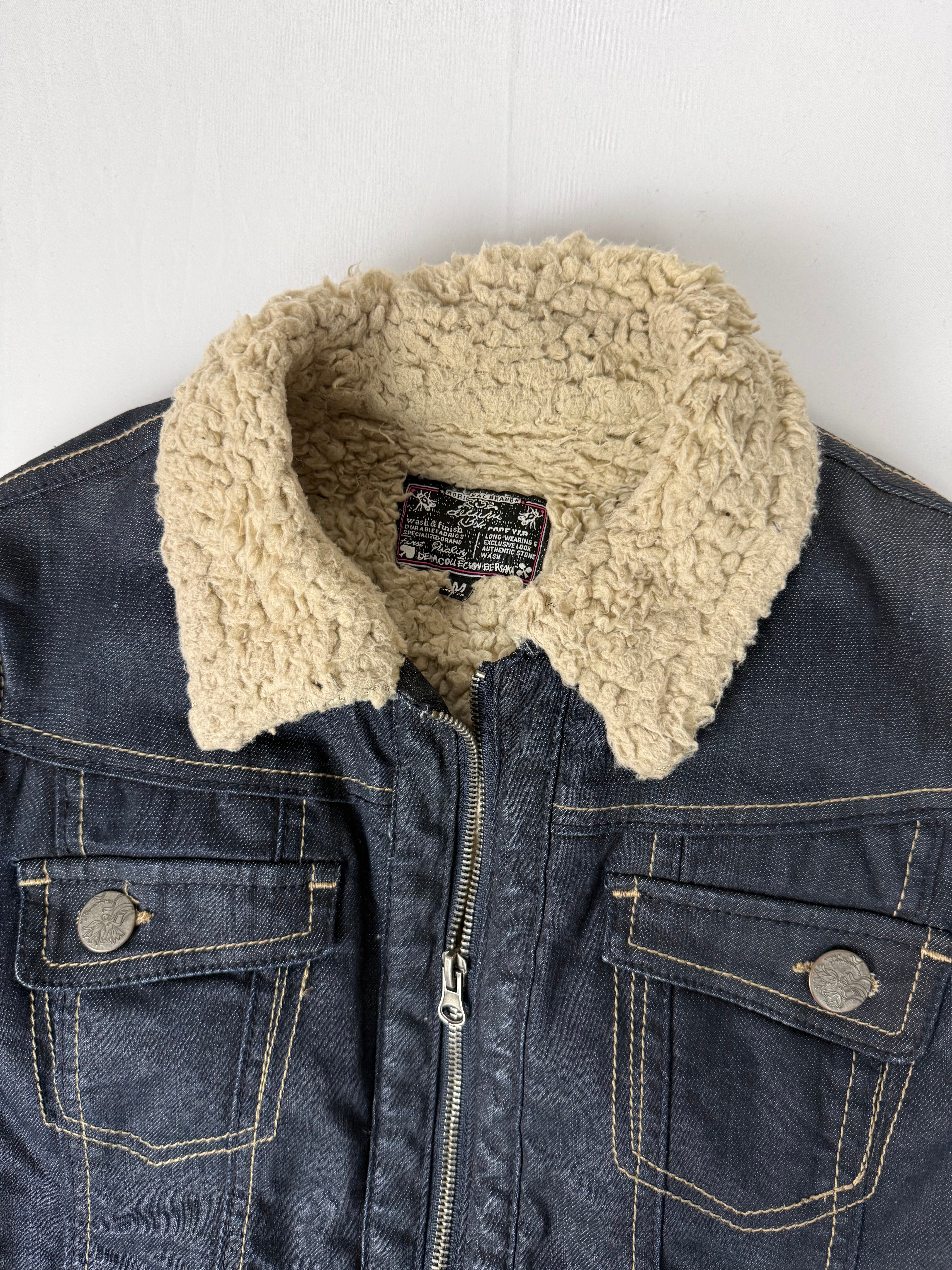 Navy denim & faux fur zip up biker jacket (S/M)