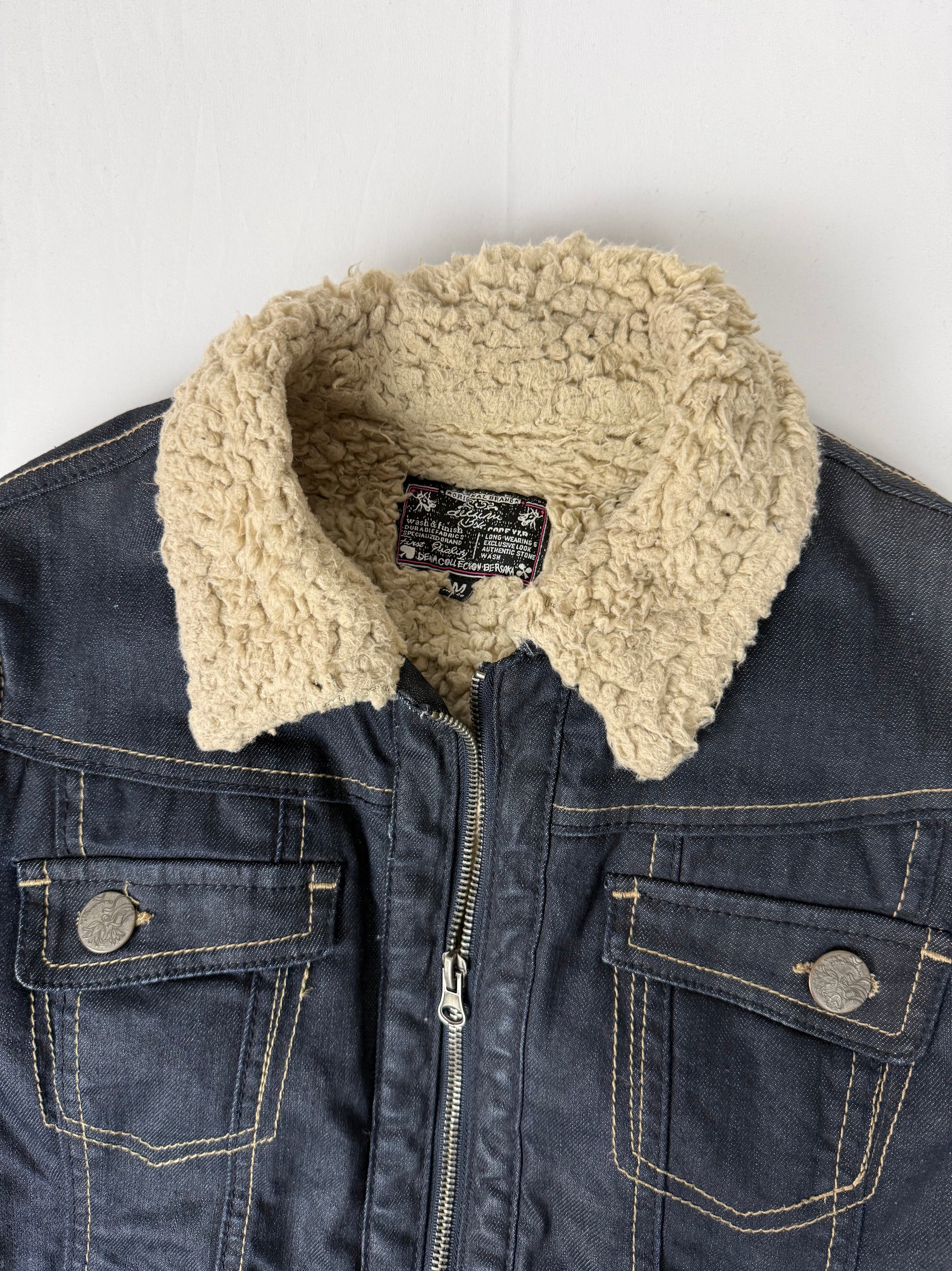 Navy denim & faux fur zip up biker jacket (S/M)