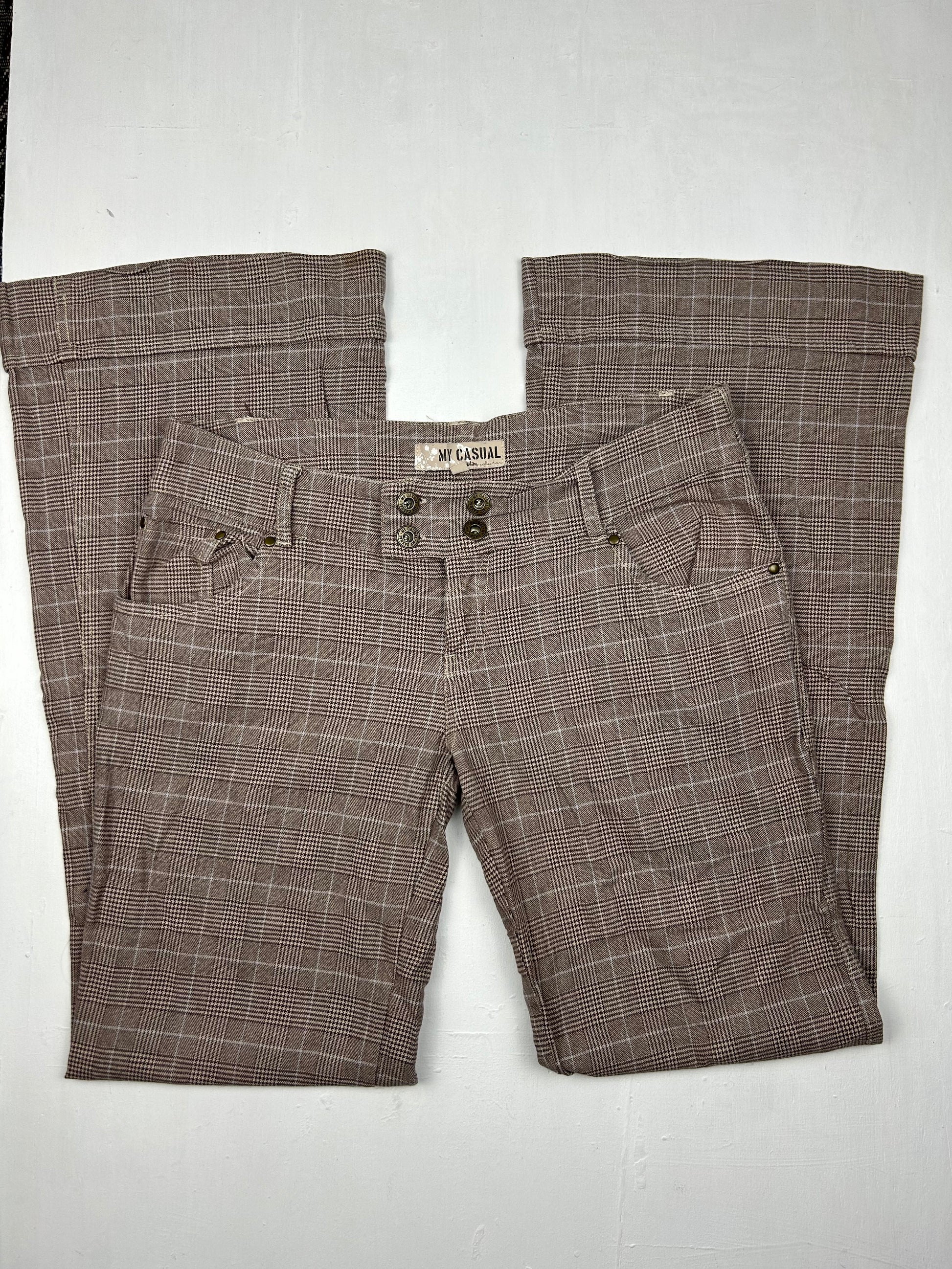 Beige check print low rise office flare pants (S/M)