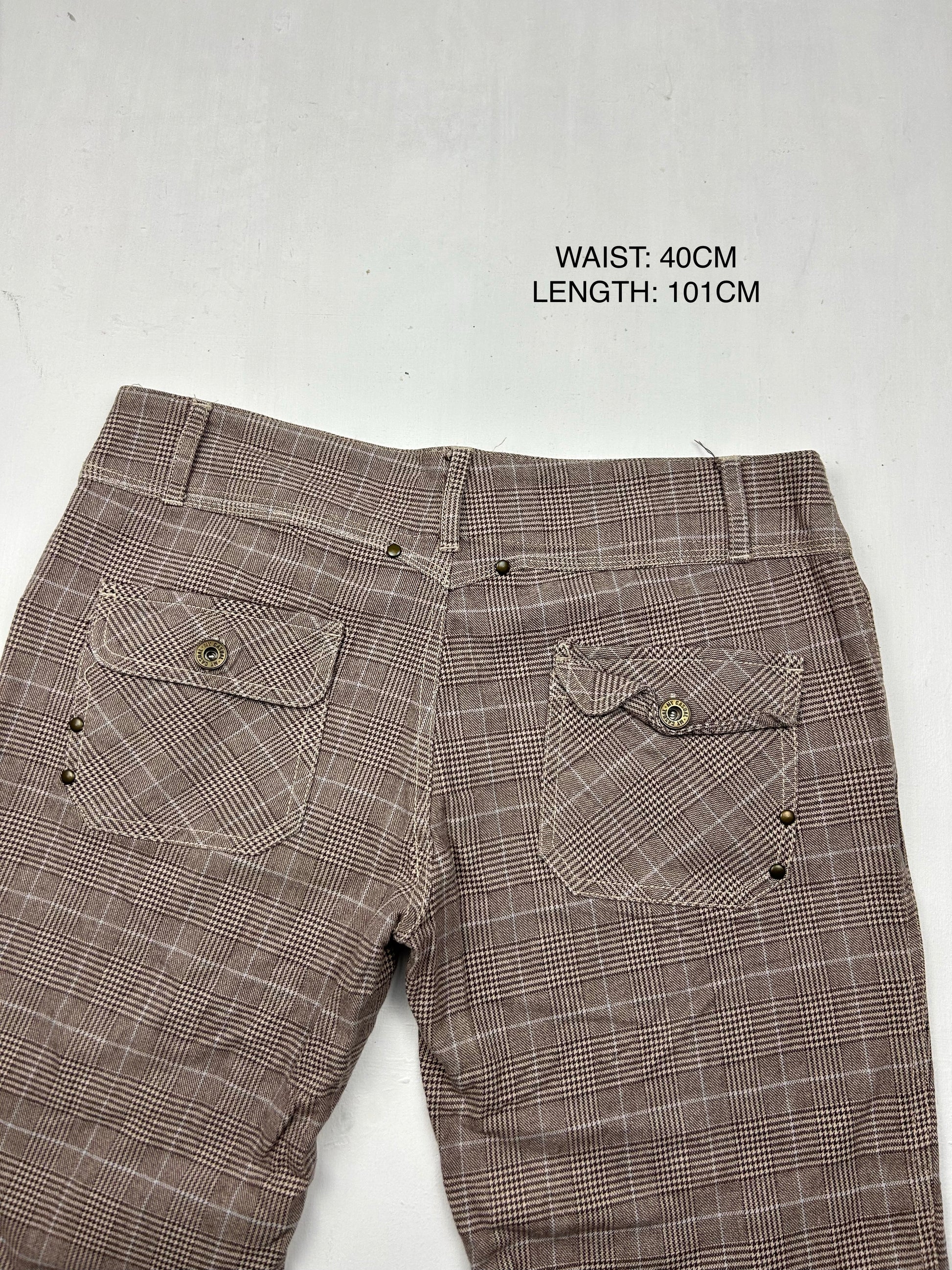 Beige check print low rise office flare pants (S/M)