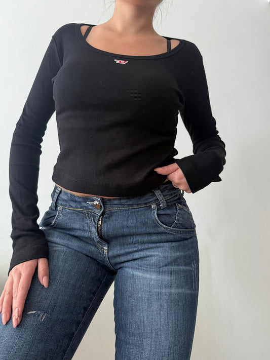 Black cotton ribbed logo long sleeves top (S)