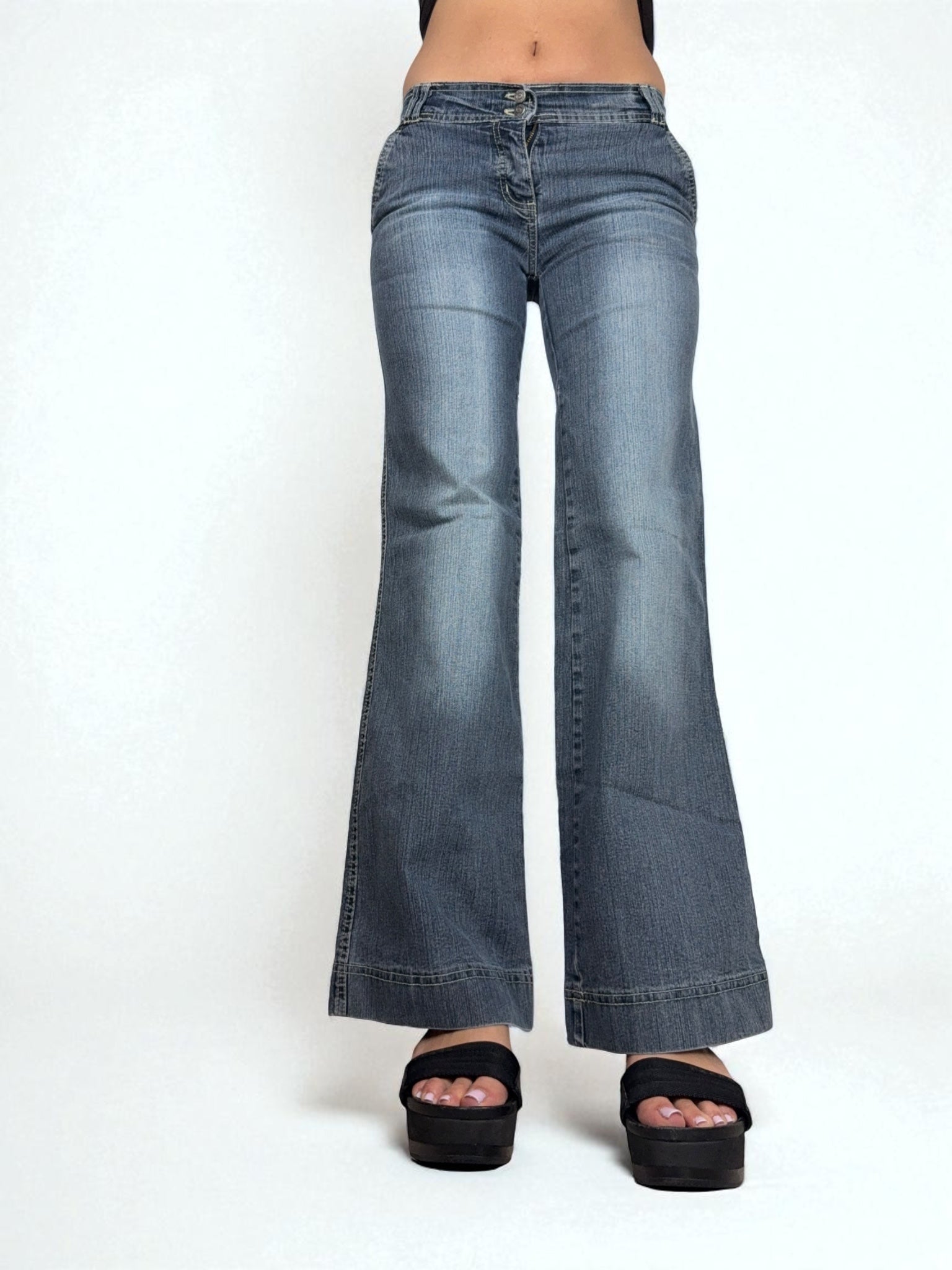 Navy blue denim low rise flared baggy pants (S)