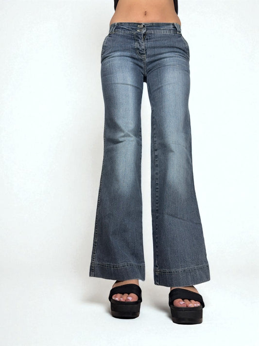 Navy blue denim low rise flared baggy pants (S)