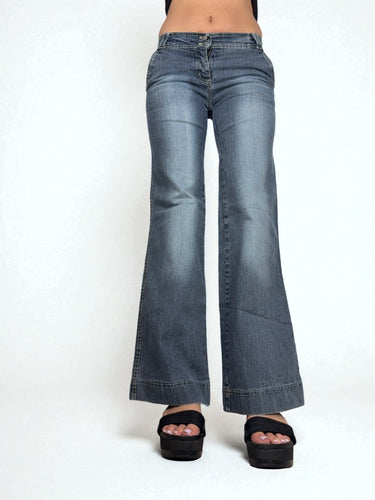Navy blue denim low rise flared baggy pants (S)