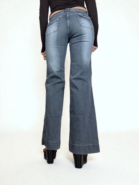 Navy blue denim low rise flared baggy pants (S)