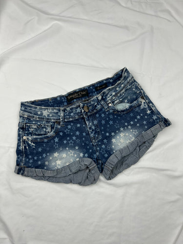 Blue denim stars print low rise mini short (S)