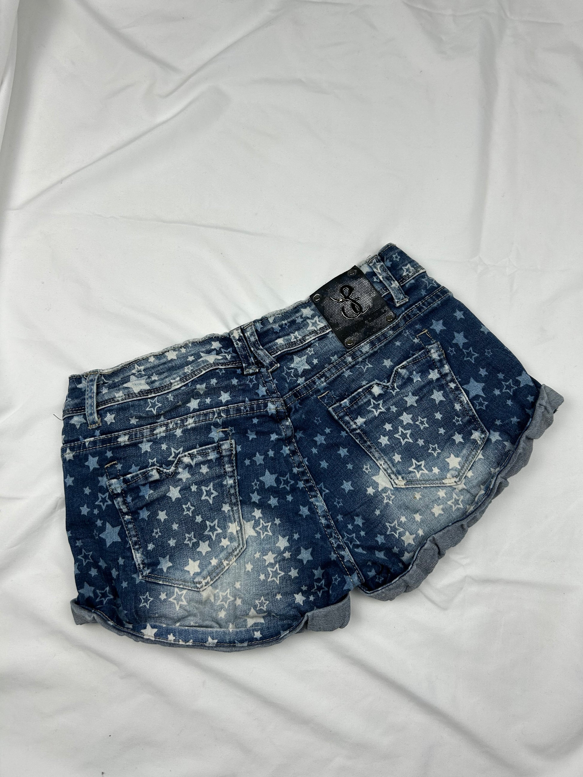 Blue denim stars print low rise mini short (S)