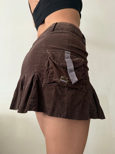 Brown cargo ribbed denim mini skirt (S)