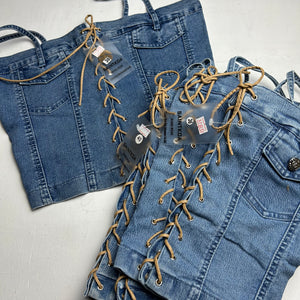 Denim blue lace up stretchy cami corset top