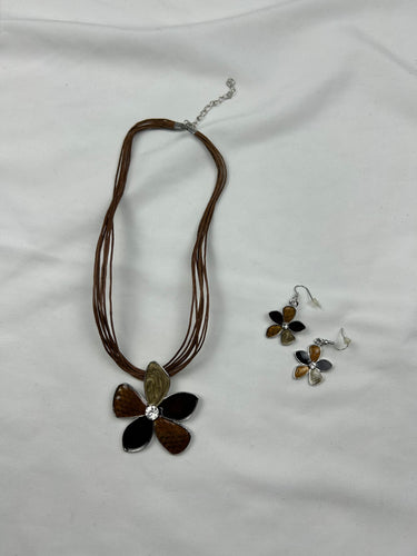 Brown cord boho floral pendant necklace + earrings set