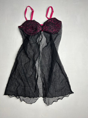 Black & pink mesh lace open front babydoll dress (S)