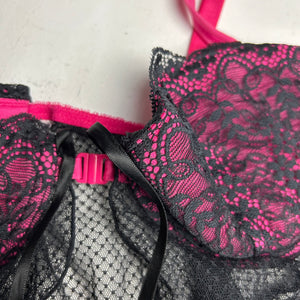 Black & pink mesh lace open front babydoll dress (S)