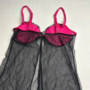 Black & pink mesh lace open front babydoll dress (S)