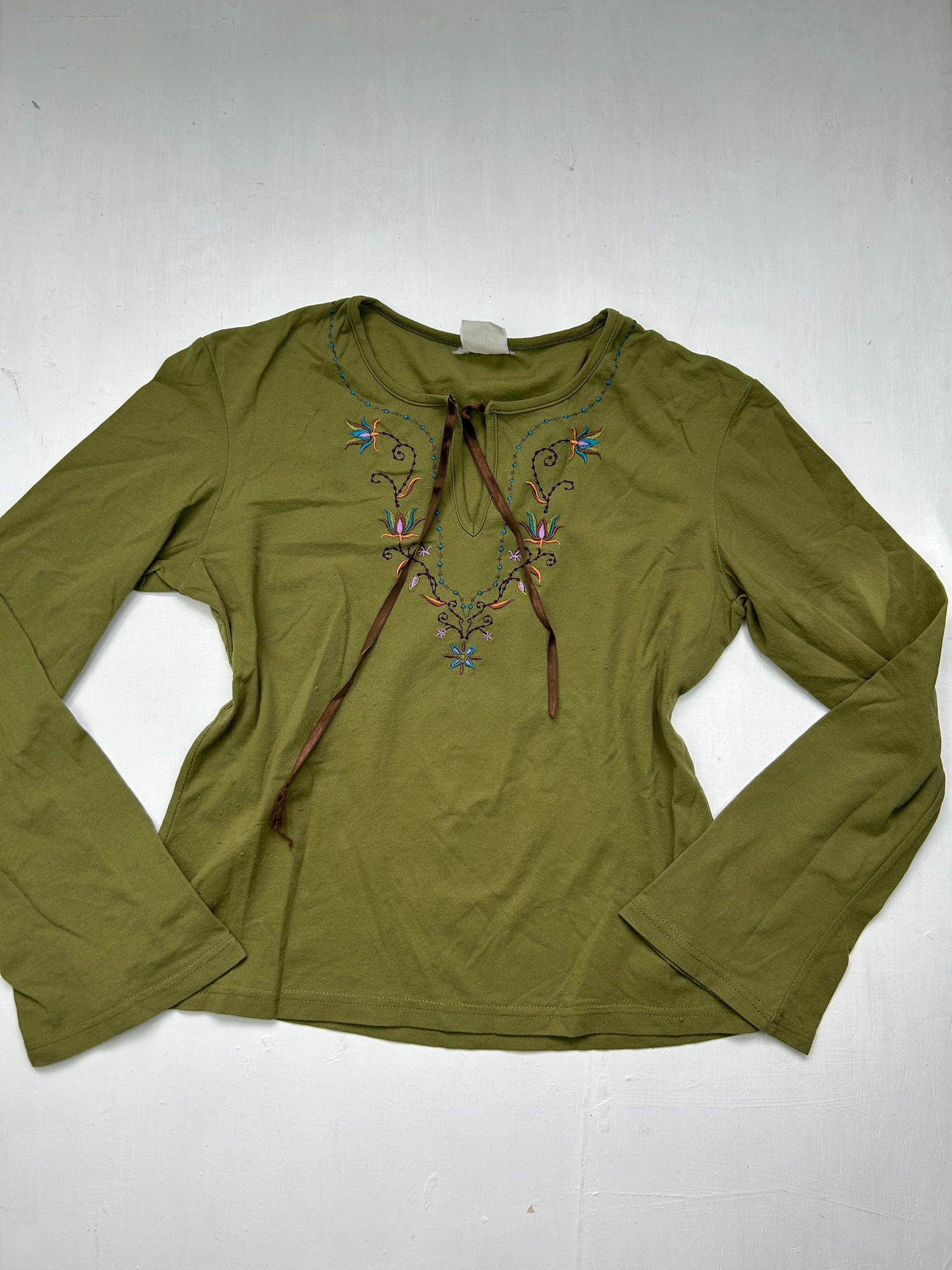 Khaki embroidered stretchy long sleeves top (S)