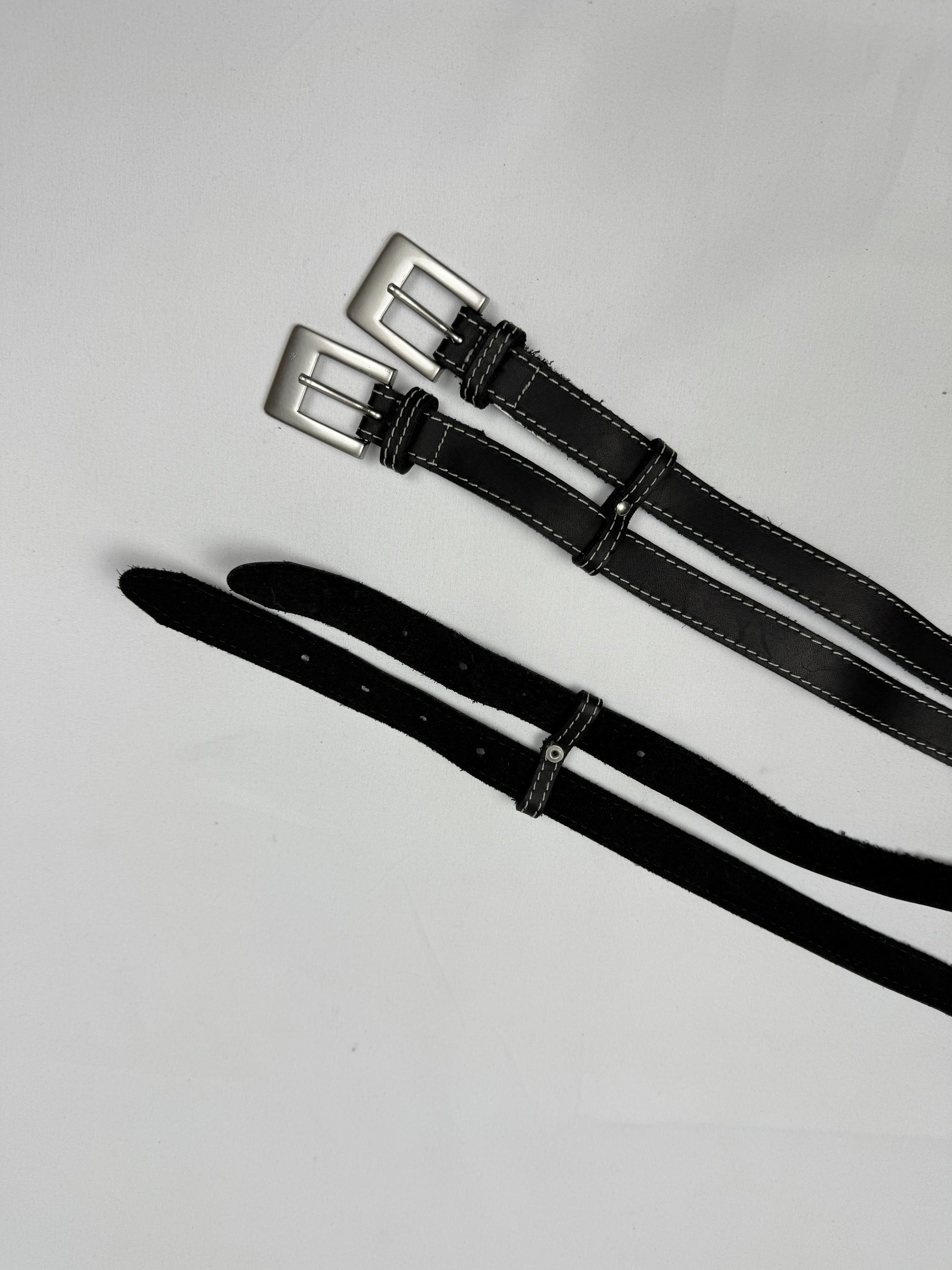 Black real leather double buckle belt