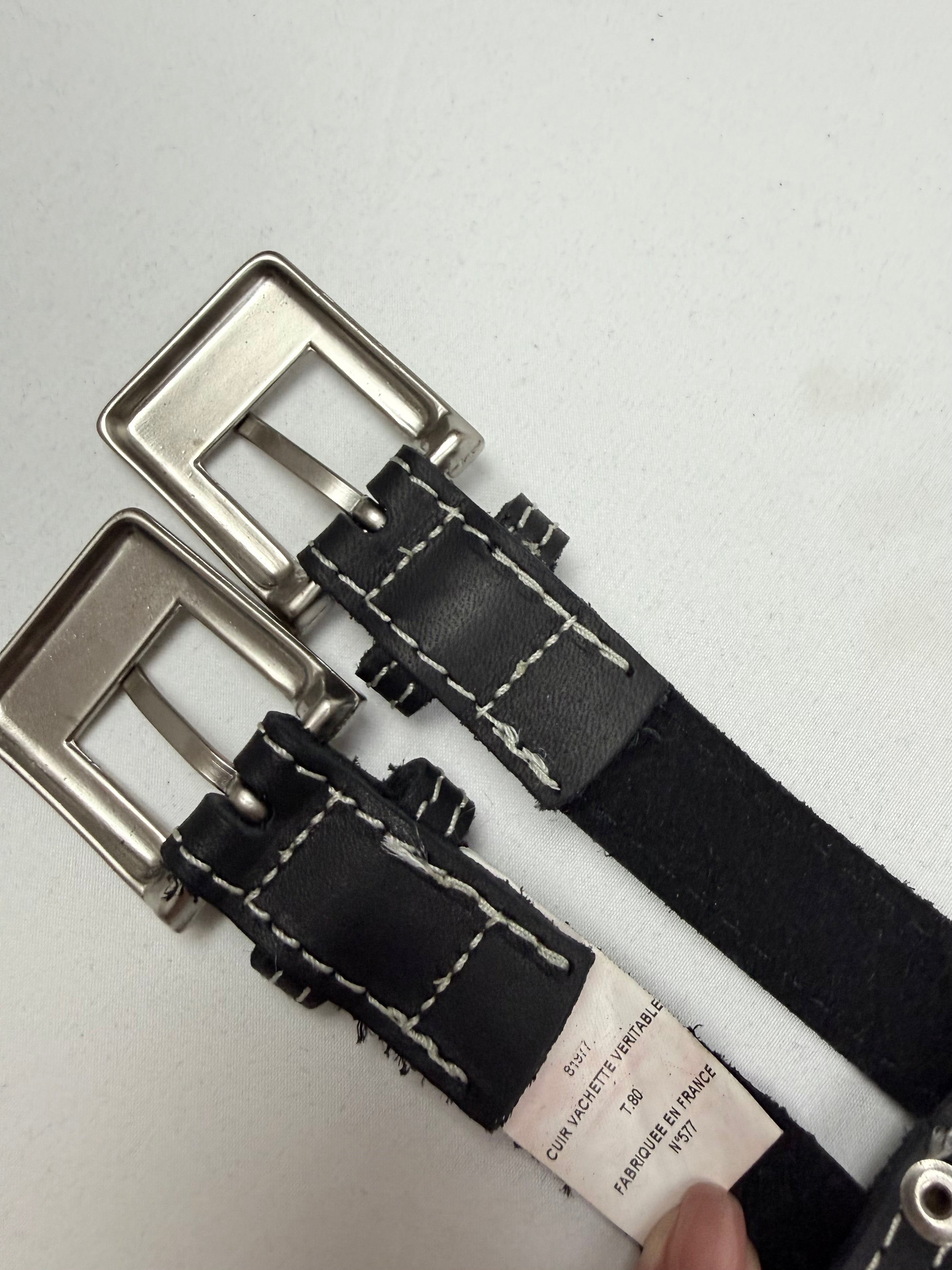 Black real leather double buckle belt