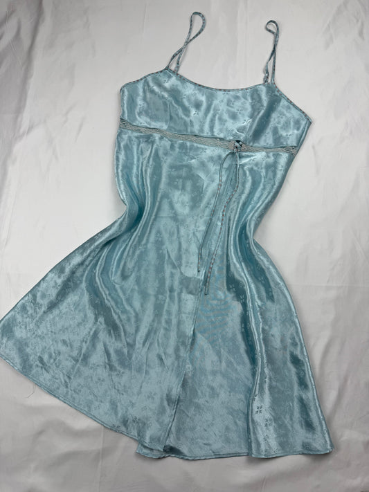 Baby blue floral silky babydoll dress (M)