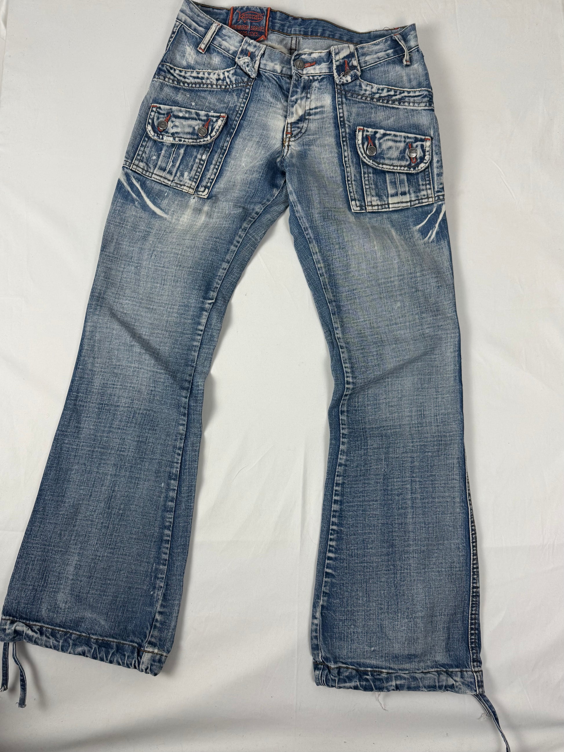 Blue denim low rise flare pants (S)