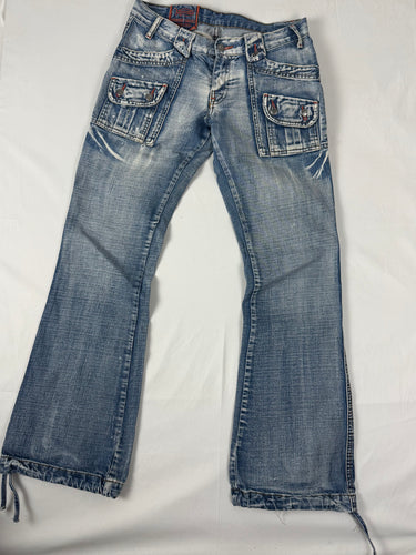 Blue denim low rise flare pants (S)