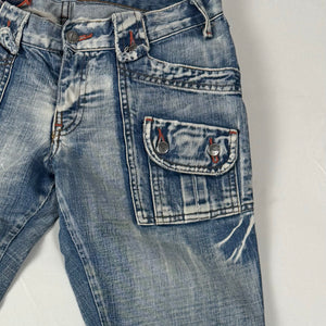 Blue denim low rise flare pants (S)