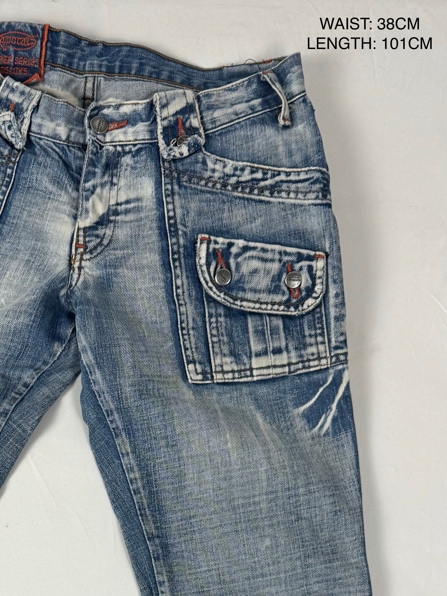 Blue denim low rise flare pants (S)