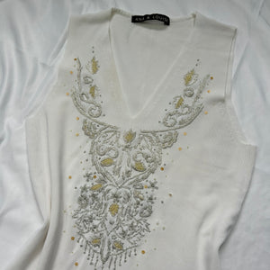 White embroidered pearls knitted tank  top (S/M)